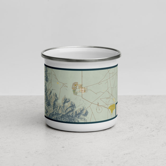Front View Custom White Sands New Mexico Map Enamel Mug in Woodblock