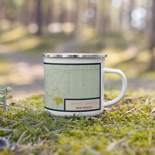 Right View Custom White Sands New Mexico Map Enamel Mug in Woodblock on Grass With Trees in Background