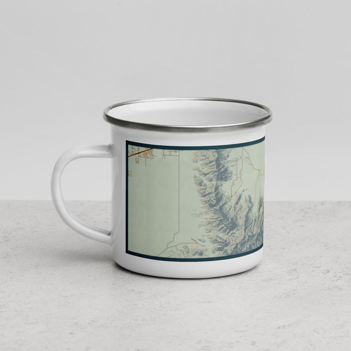 Left View Custom White Sands New Mexico Map Enamel Mug in Woodblock