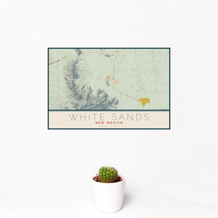 12x18 White Sands New Mexico Map Print Landscape Orientation in Woodblock Style With Small Cactus Plant in White Planter