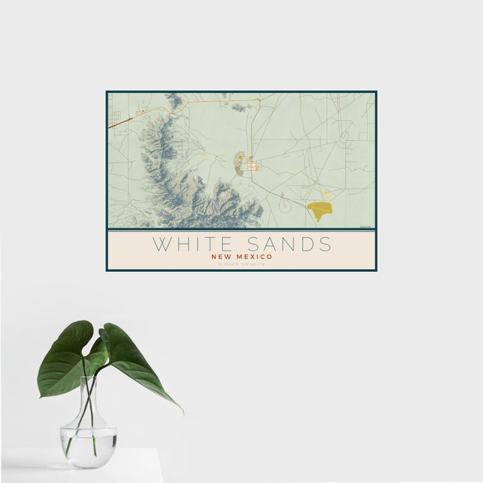 16x24 White Sands New Mexico Map Print Landscape Orientation in Woodblock Style With Tropical Plant Leaves in Water