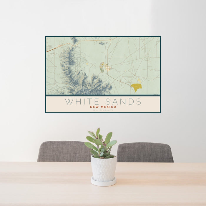 24x36 White Sands New Mexico Map Print Landscape Orientation in Woodblock Style Behind 2 Chairs Table and Potted Plant