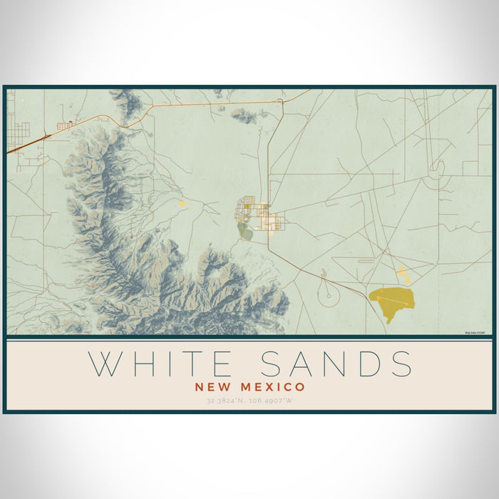 White Sands New Mexico Map Print Landscape Orientation in Woodblock Style With Shaded Background