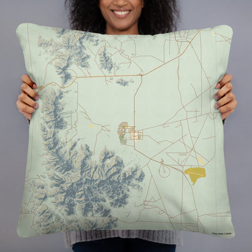 Person holding 22x22 Custom White Sands New Mexico Map Throw Pillow in Woodblock