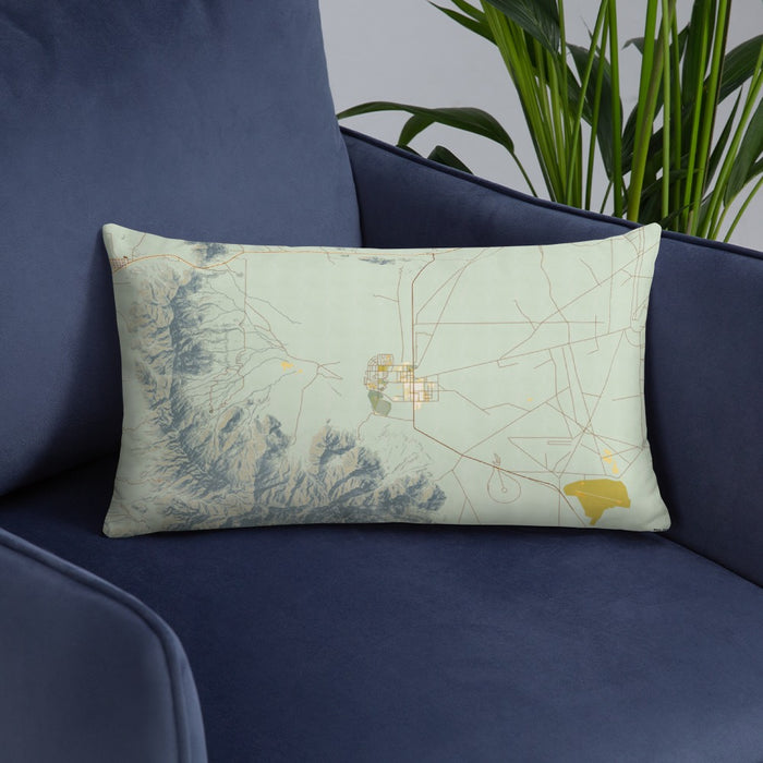 Custom White Sands New Mexico Map Throw Pillow in Woodblock on Blue Colored Chair