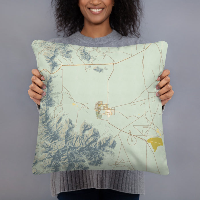 Person holding 18x18 Custom White Sands New Mexico Map Throw Pillow in Woodblock