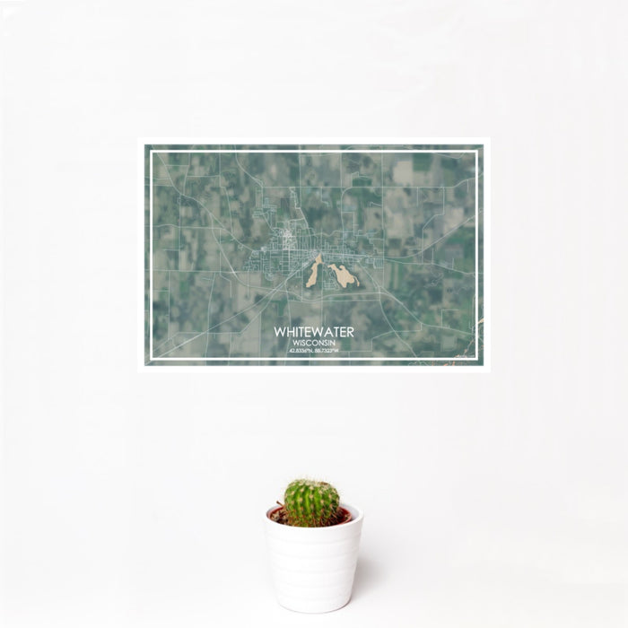 12x18 Whitewater Wisconsin Map Print Landscape Orientation in Afternoon Style With Small Cactus Plant in White Planter