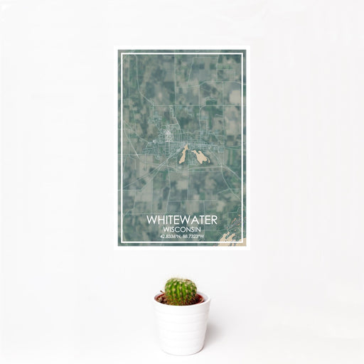 12x18 Whitewater Wisconsin Map Print Portrait Orientation in Afternoon Style With Small Cactus Plant in White Planter