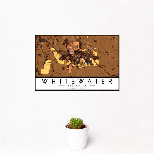 12x18 Whitewater Wisconsin Map Print Landscape Orientation in Ember Style With Small Cactus Plant in White Planter