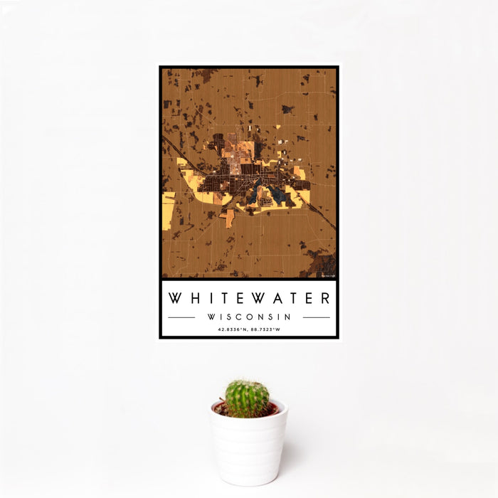 12x18 Whitewater Wisconsin Map Print Portrait Orientation in Ember Style With Small Cactus Plant in White Planter