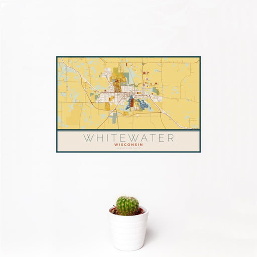 12x18 Whitewater Wisconsin Map Print Landscape Orientation in Woodblock Style With Small Cactus Plant in White Planter