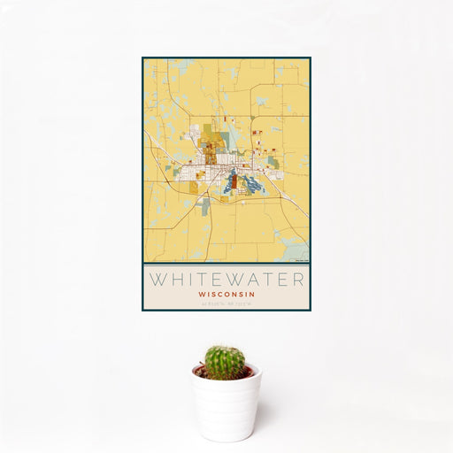 12x18 Whitewater Wisconsin Map Print Portrait Orientation in Woodblock Style With Small Cactus Plant in White Planter