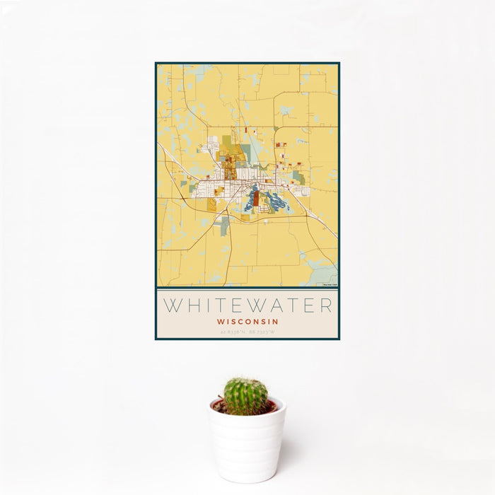 12x18 Whitewater Wisconsin Map Print Portrait Orientation in Woodblock Style With Small Cactus Plant in White Planter