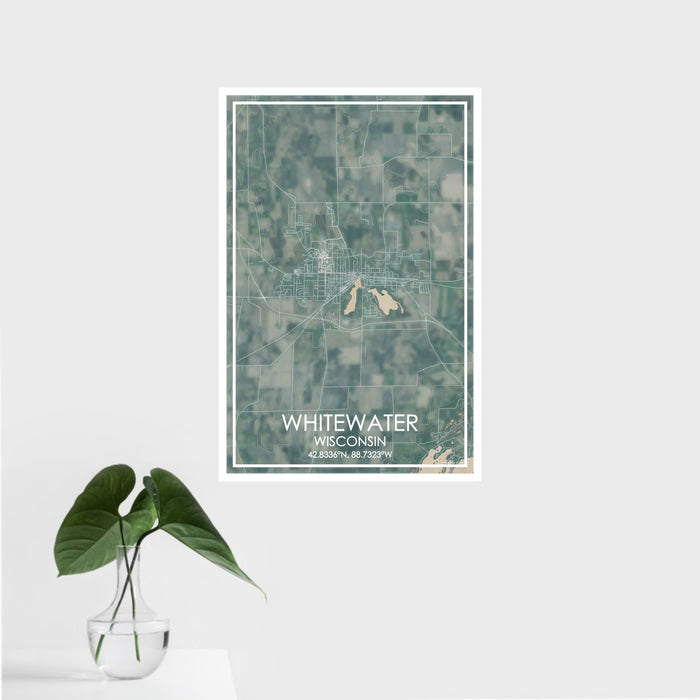 16x24 Whitewater Wisconsin Map Print Portrait Orientation in Afternoon Style With Tropical Plant Leaves in Water