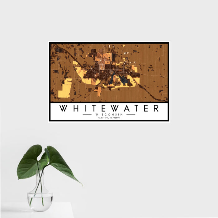 16x24 Whitewater Wisconsin Map Print Landscape Orientation in Ember Style With Tropical Plant Leaves in Water