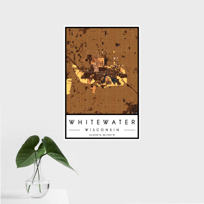 16x24 Whitewater Wisconsin Map Print Portrait Orientation in Ember Style With Tropical Plant Leaves in Water