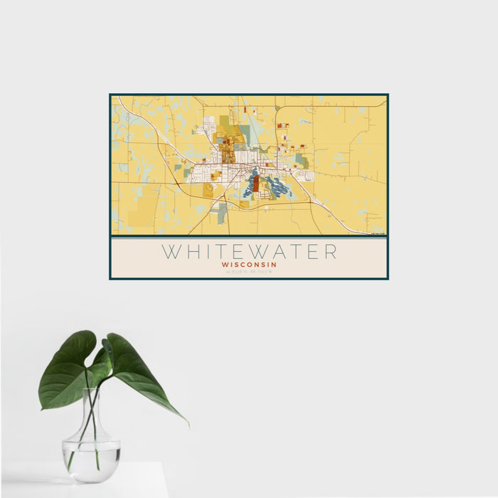 16x24 Whitewater Wisconsin Map Print Landscape Orientation in Woodblock Style With Tropical Plant Leaves in Water