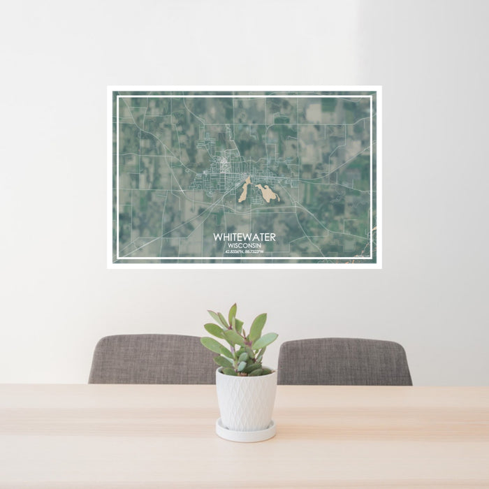 24x36 Whitewater Wisconsin Map Print Lanscape Orientation in Afternoon Style Behind 2 Chairs Table and Potted Plant
