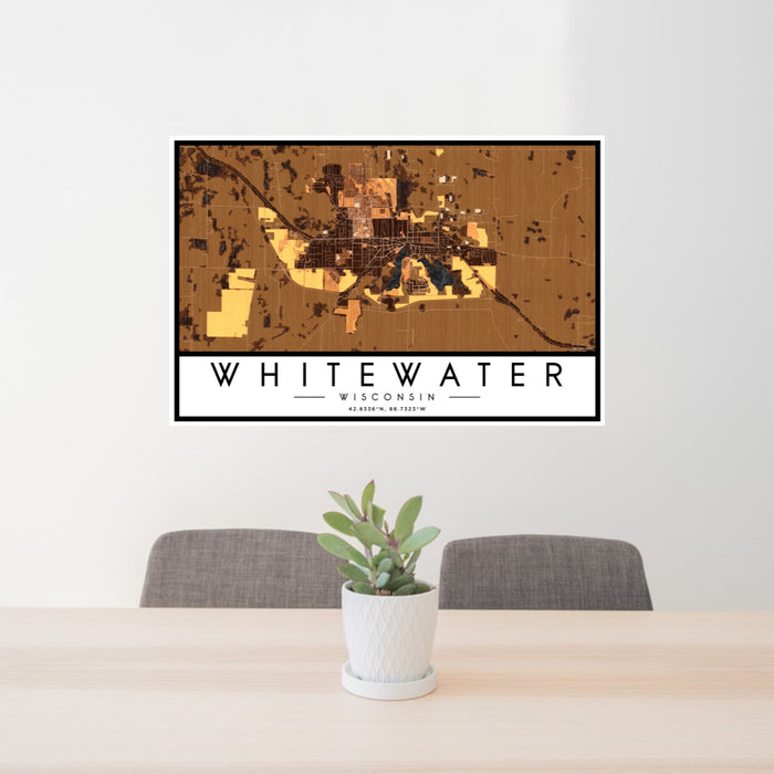 24x36 Whitewater Wisconsin Map Print Lanscape Orientation in Ember Style Behind 2 Chairs Table and Potted Plant