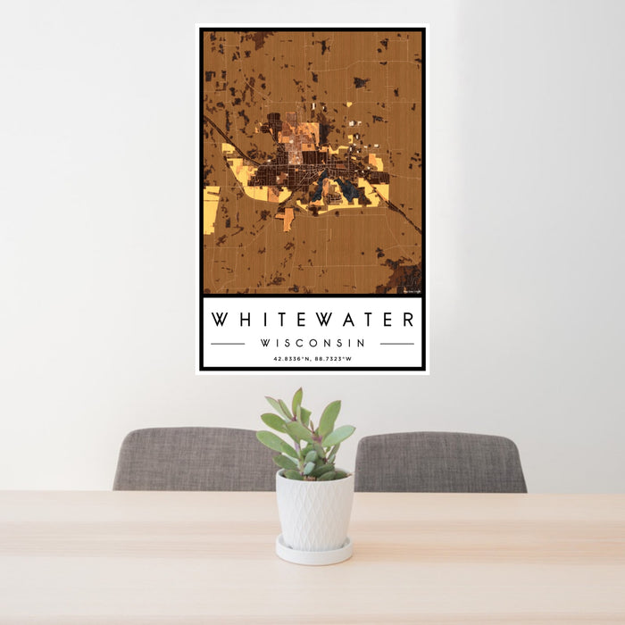 24x36 Whitewater Wisconsin Map Print Portrait Orientation in Ember Style Behind 2 Chairs Table and Potted Plant