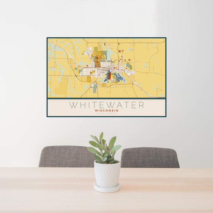 24x36 Whitewater Wisconsin Map Print Lanscape Orientation in Woodblock Style Behind 2 Chairs Table and Potted Plant