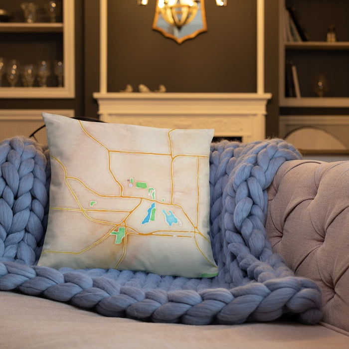 Custom Whitewater Wisconsin Map Throw Pillow in Watercolor on Cream Colored Couch