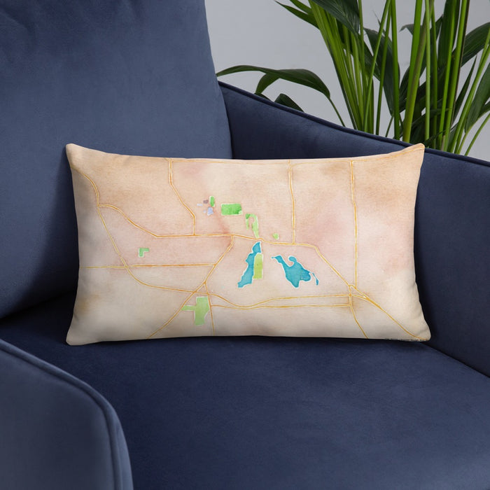 Custom Whitewater Wisconsin Map Throw Pillow in Watercolor on Blue Colored Chair