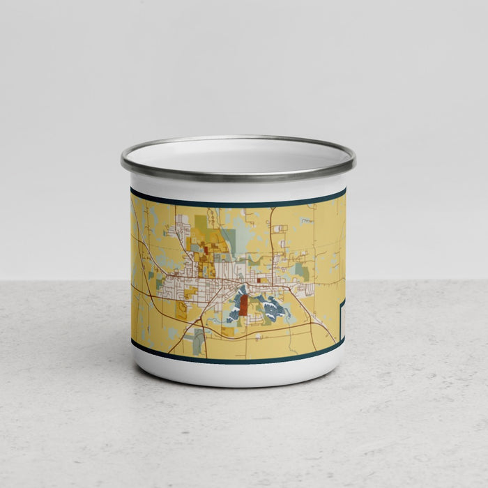 Front View Custom Whitewater Wisconsin Map Enamel Mug in Woodblock