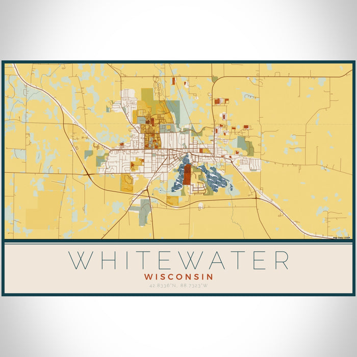 Whitewater Wisconsin Map Print Landscape Orientation in Woodblock Style With Shaded Background