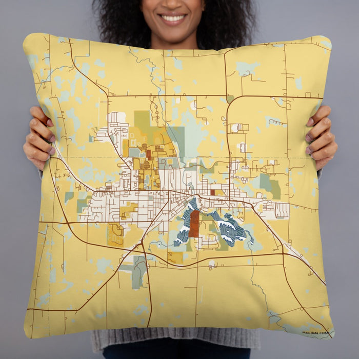 Person holding 22x22 Custom Whitewater Wisconsin Map Throw Pillow in Woodblock