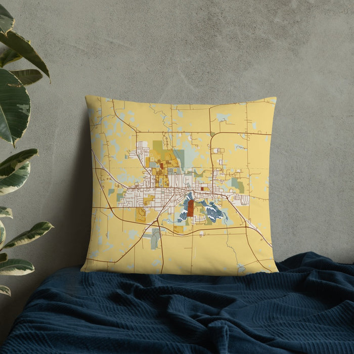 Custom Whitewater Wisconsin Map Throw Pillow in Woodblock on Bedding Against Wall