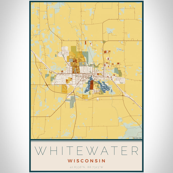 Whitewater Wisconsin Map Print Portrait Orientation in Woodblock Style With Shaded Background