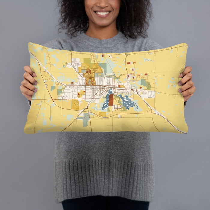 Person holding 20x12 Custom Whitewater Wisconsin Map Throw Pillow in Woodblock