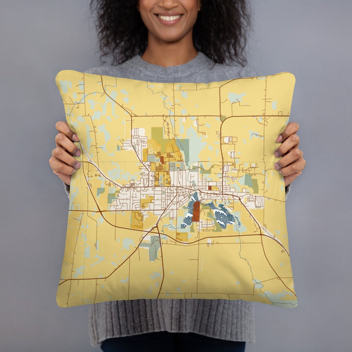 Person holding 18x18 Custom Whitewater Wisconsin Map Throw Pillow in Woodblock
