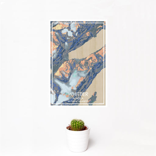 12x18 Whittier Alaska Map Print Portrait Orientation in Afternoon Style With Small Cactus Plant in White Planter