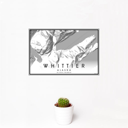 12x18 Whittier Alaska Map Print Landscape Orientation in Classic Style With Small Cactus Plant in White Planter