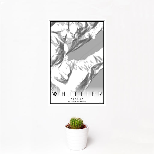12x18 Whittier Alaska Map Print Portrait Orientation in Classic Style With Small Cactus Plant in White Planter