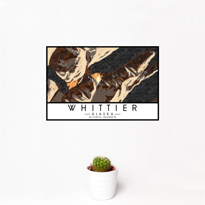 12x18 Whittier Alaska Map Print Landscape Orientation in Ember Style With Small Cactus Plant in White Planter