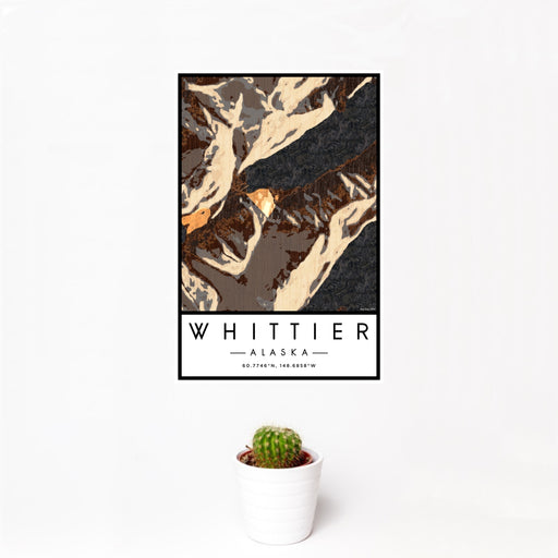 12x18 Whittier Alaska Map Print Portrait Orientation in Ember Style With Small Cactus Plant in White Planter