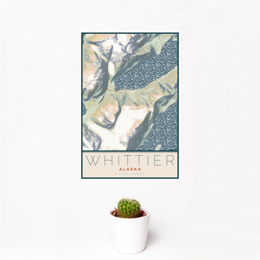 12x18 Whittier Alaska Map Print Portrait Orientation in Woodblock Style With Small Cactus Plant in White Planter
