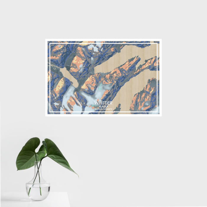 16x24 Whittier Alaska Map Print Landscape Orientation in Afternoon Style With Tropical Plant Leaves in Water