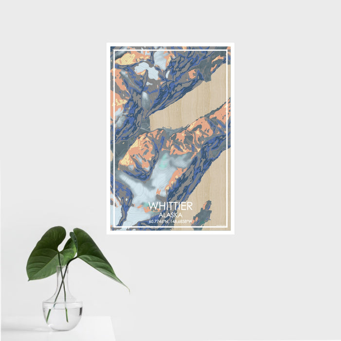 16x24 Whittier Alaska Map Print Portrait Orientation in Afternoon Style With Tropical Plant Leaves in Water
