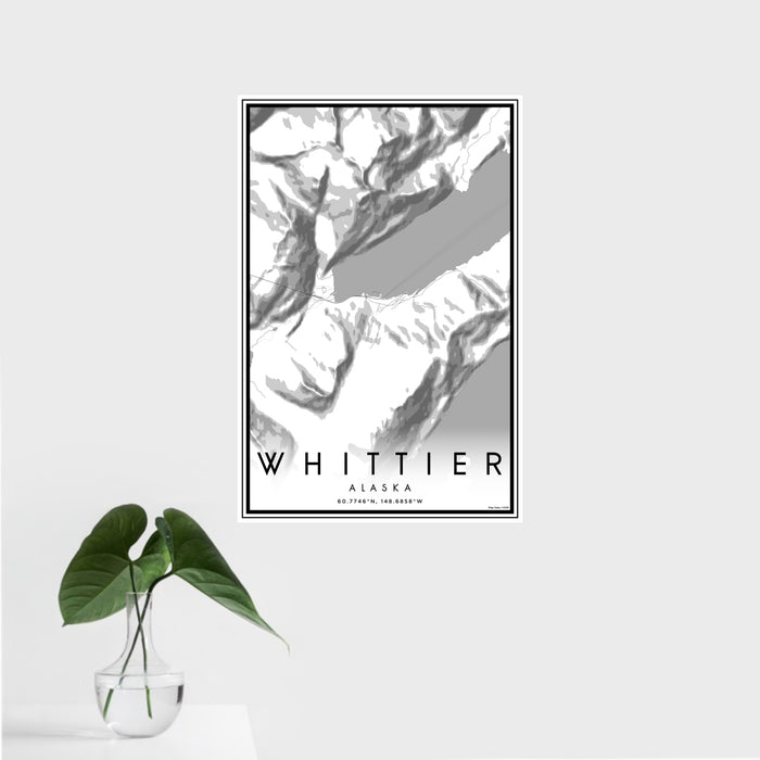 16x24 Whittier Alaska Map Print Portrait Orientation in Classic Style With Tropical Plant Leaves in Water