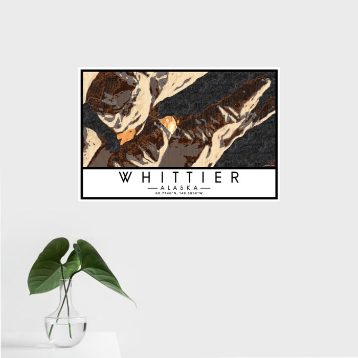 16x24 Whittier Alaska Map Print Landscape Orientation in Ember Style With Tropical Plant Leaves in Water