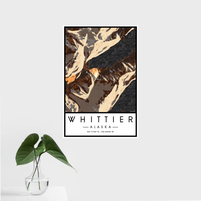 16x24 Whittier Alaska Map Print Portrait Orientation in Ember Style With Tropical Plant Leaves in Water