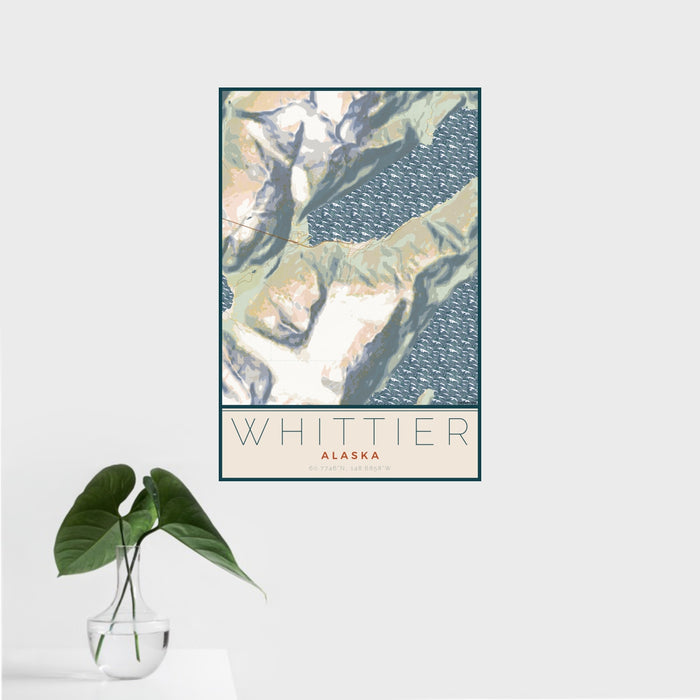 16x24 Whittier Alaska Map Print Portrait Orientation in Woodblock Style With Tropical Plant Leaves in Water