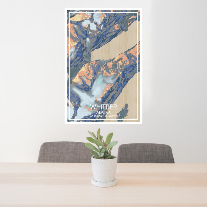 24x36 Whittier Alaska Map Print Portrait Orientation in Afternoon Style Behind 2 Chairs Table and Potted Plant