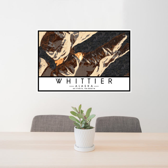 24x36 Whittier Alaska Map Print Lanscape Orientation in Ember Style Behind 2 Chairs Table and Potted Plant