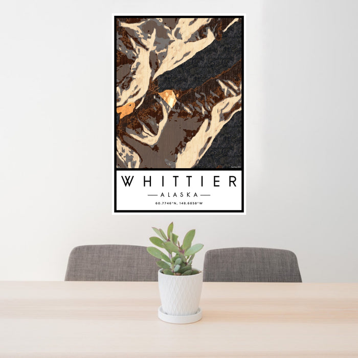 24x36 Whittier Alaska Map Print Portrait Orientation in Ember Style Behind 2 Chairs Table and Potted Plant