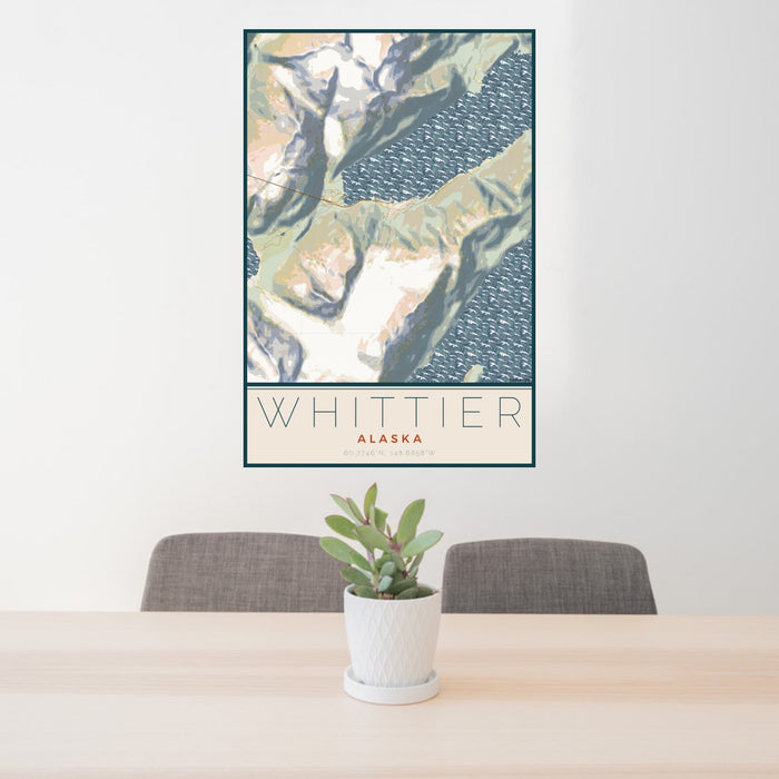 24x36 Whittier Alaska Map Print Portrait Orientation in Woodblock Style Behind 2 Chairs Table and Potted Plant